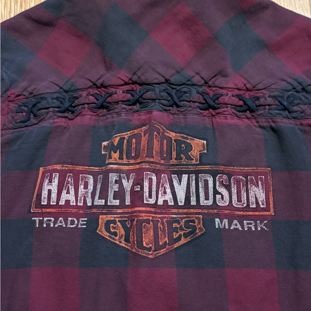 Harley-Davidson Red Black Buffalo Plaid Flannel Shirt w Screen Print w Stitching